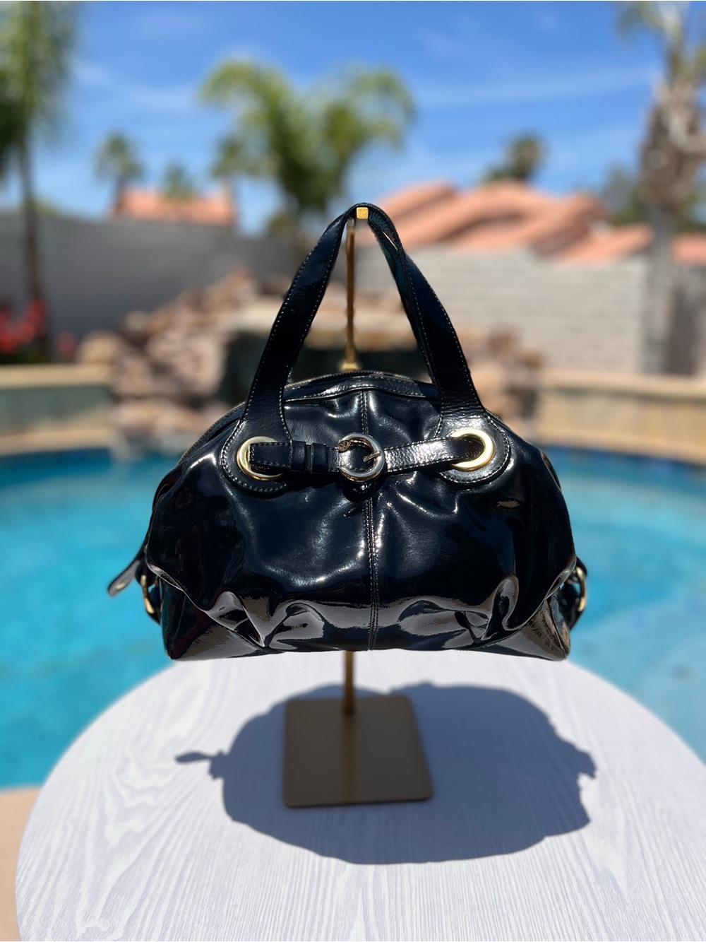 Vintage Francesco Biasia Black Patent Leather Shoulder Bag with Gold Hardware